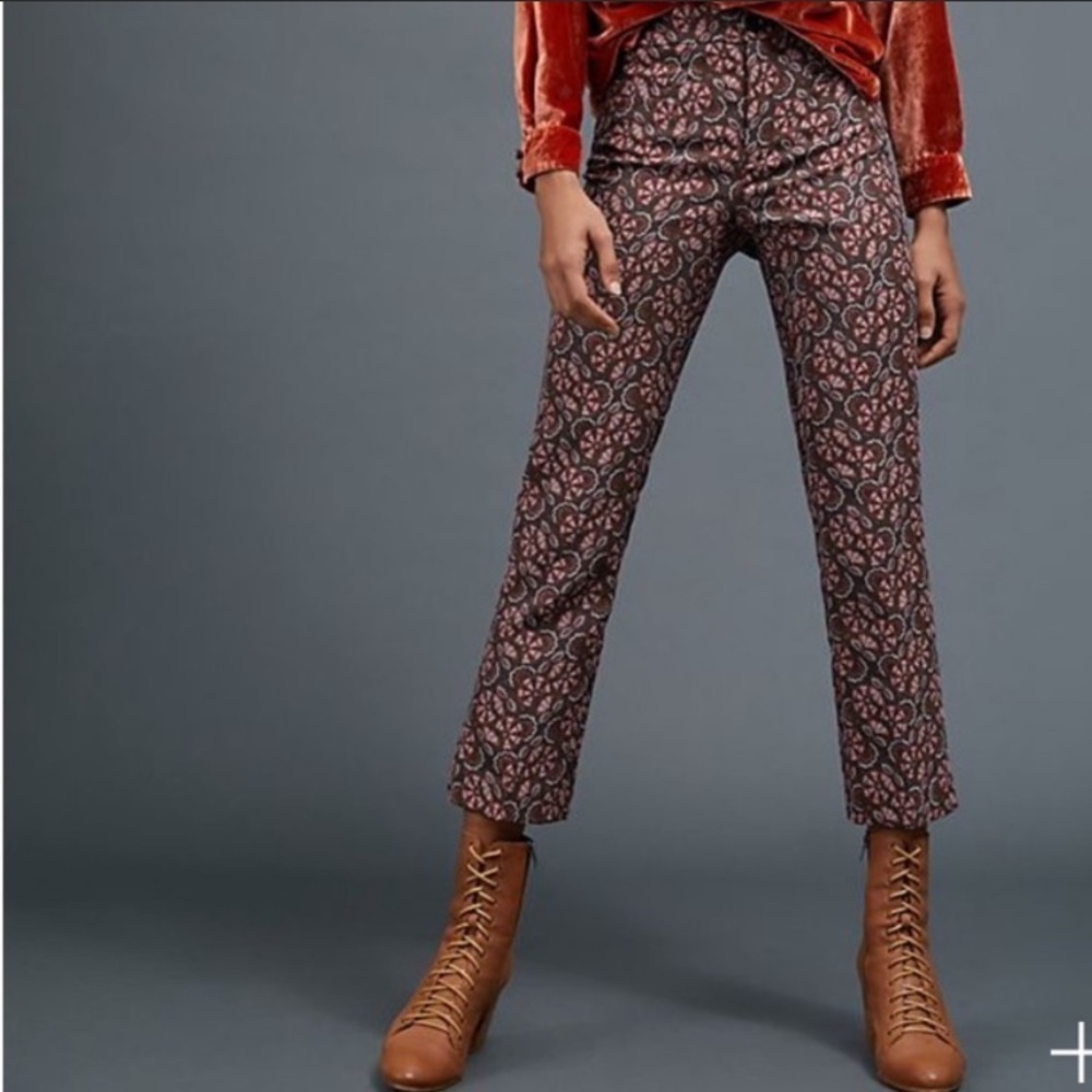 NWT Anthropologie Essential Straight Cropped Pant Coffee & Orange Floral